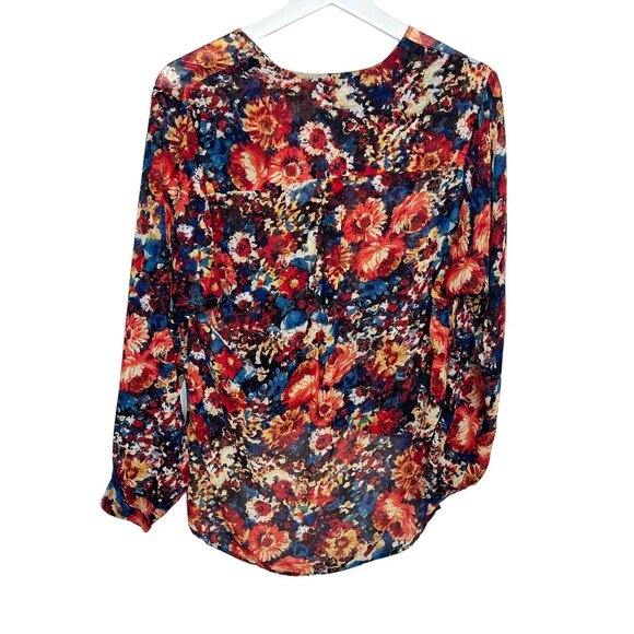 WAYF Sheer Floral Blouse XS Orange Blue Long Sleeve Boho Office Top - Picture 11 of 12